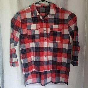Chloah Women's Size L Button Up Flannel Shirt Split Sides Red Blue White Hi Low